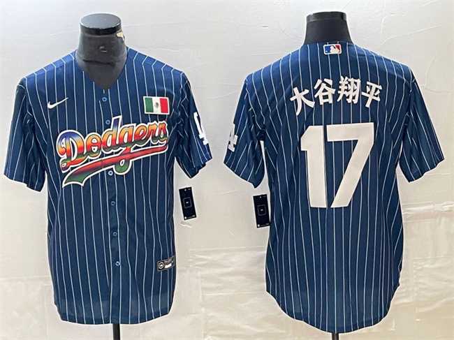 Mens Los Angeles Dodgers #17 Shohei Ohtani Navy Cool Base With Patch Stitched Baseball Jersey